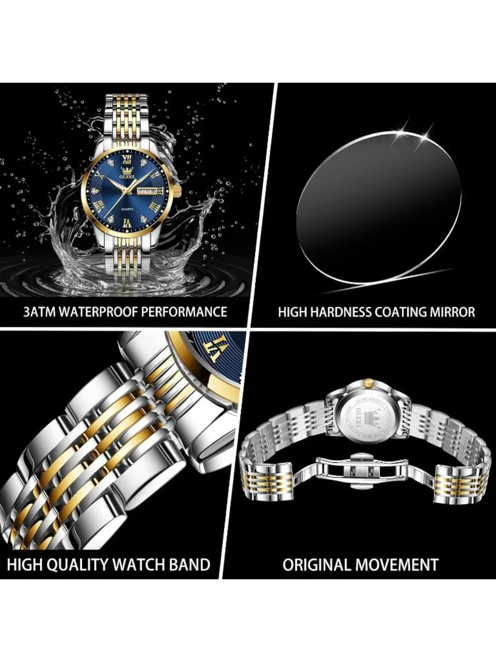 Women's Gold Silver And Blue Analog Quartz Waterproof Stainless Steel Band Watch